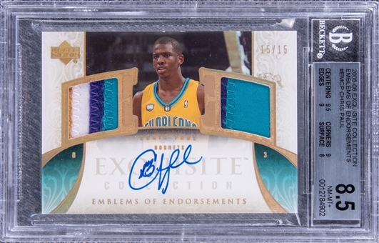 2005-06 UD "Exquisite Collection" Emblems of Endorsements #EMCP Chris Paul Signed Patch Rookie Card (#15/15) - BGS NM-MT+ 8.5/BGS 10